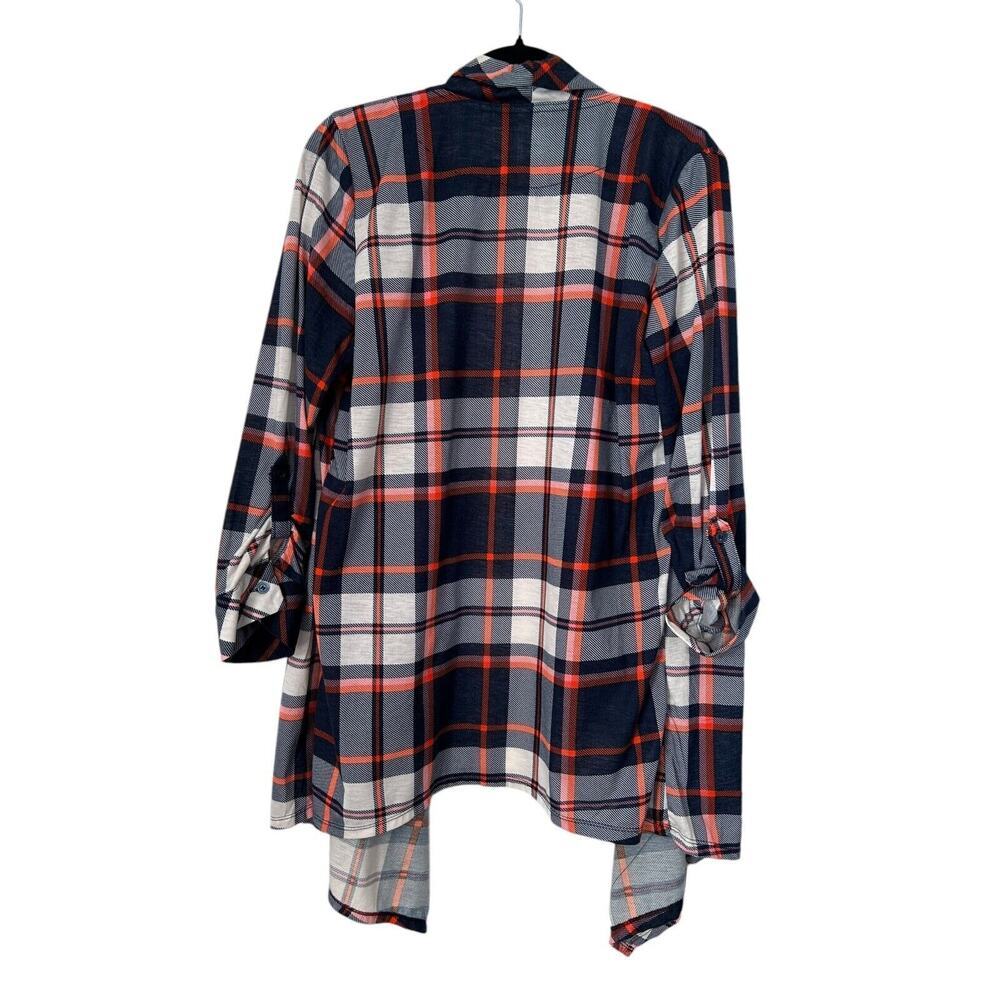 New York Laundry Sweater SZ XL Blue Plaid Roll Tab Sleeve Asymmetrical Cardigan - Picture 4 of 9